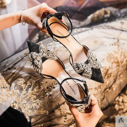 Sequin Rhinestone Tassel Bow Heels - Fashionnsio