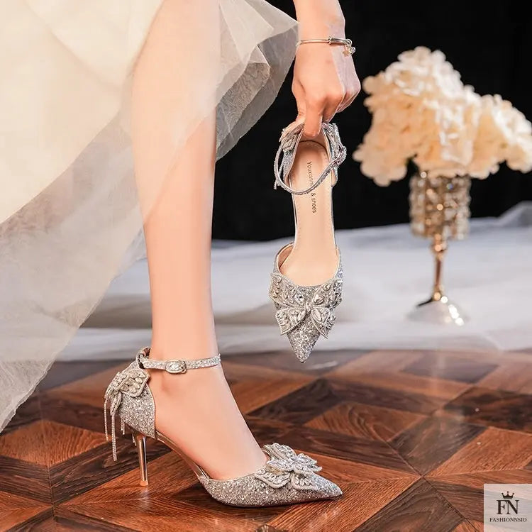 Sequin Rhinestone Tassel Bow Heels - Fashionnsio