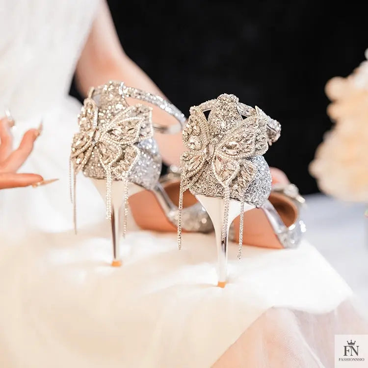 Sequin Rhinestone Tassel Bow Heels - Fashionnsio