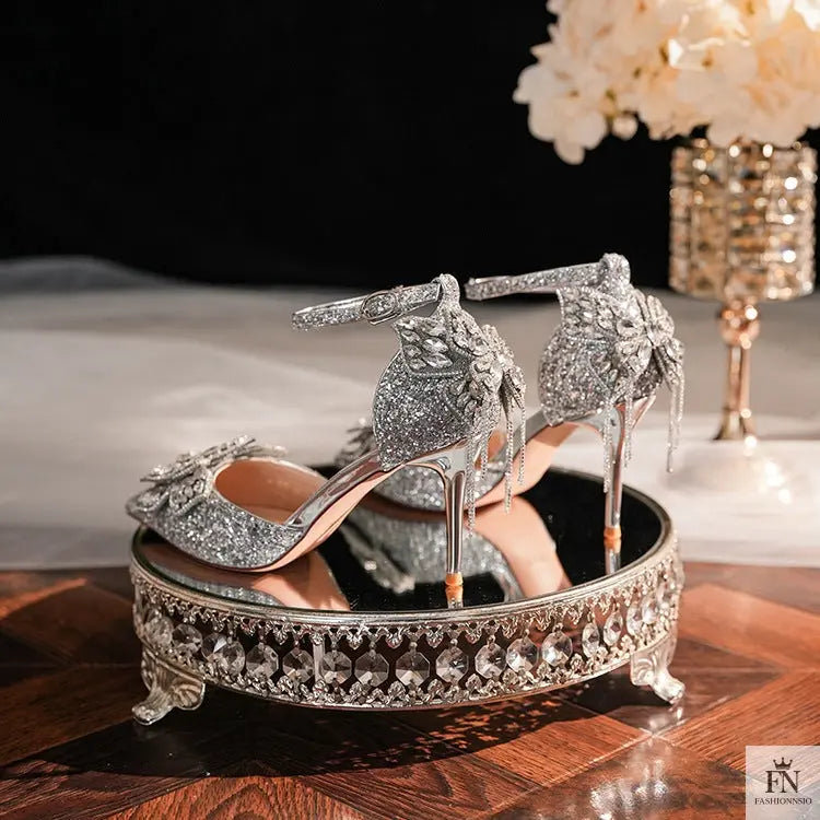 Sequin Rhinestone Tassel Bow Heels - Fashionnsio