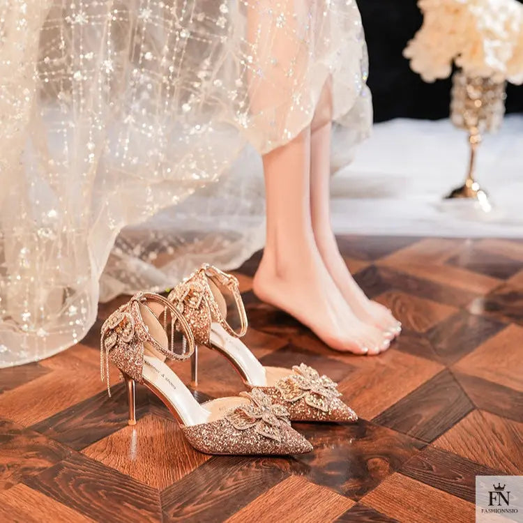 Sequin Rhinestone Tassel Bow Heels - Fashionnsio