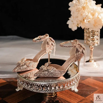 Sequin Rhinestone Tassel Bow Heels - Fashionnsio