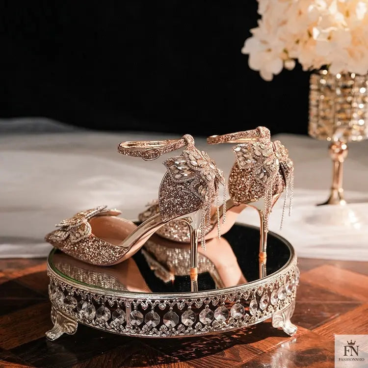 Sequin Rhinestone Tassel Bow Heels - Fashionnsio