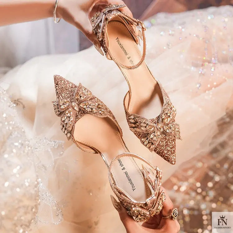 Sequin Rhinestone Tassel Bow Heels - Fashionnsio