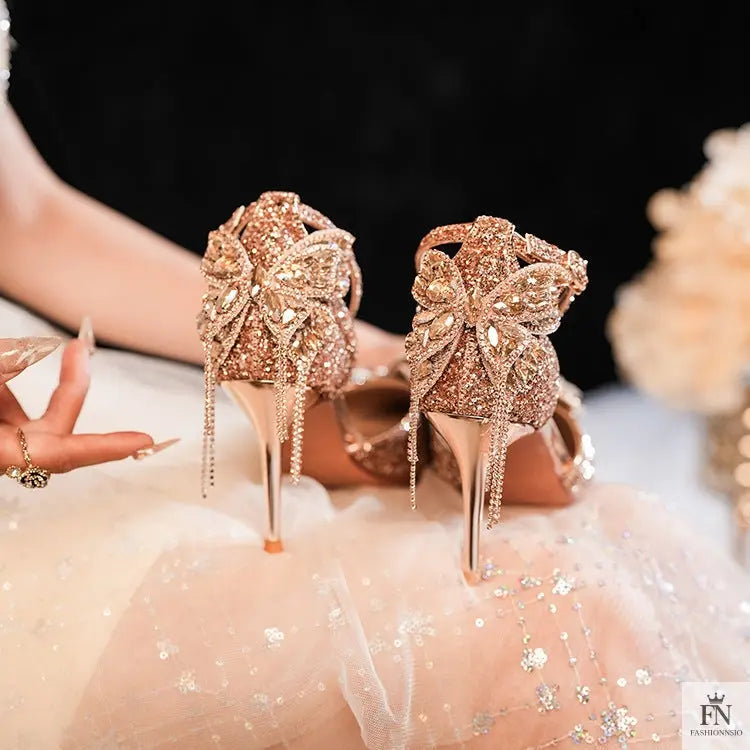 Sequin Rhinestone Tassel Bow Heels - Fashionnsio