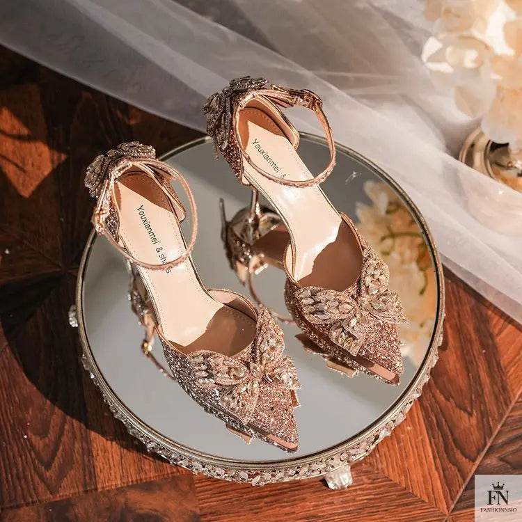 Sequin Rhinestone Tassel Bow Heels - Fashionnsio