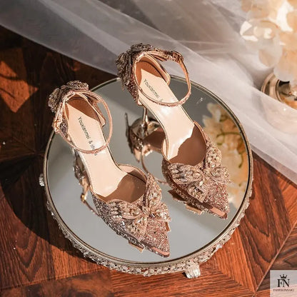 Sequin Rhinestone Tassel Bow Heels - Fashionnsio