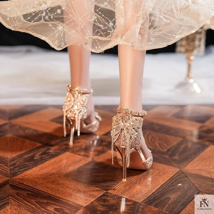 Sequin Rhinestone Tassel Bow Heels - Fashionnsio