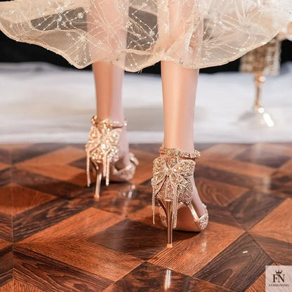 Sequin Rhinestone Tassel Bow Heels - Fashionnsio