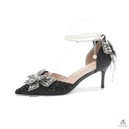 Sequin Rhinestone Tassel Bow Heels - Fashionnsio