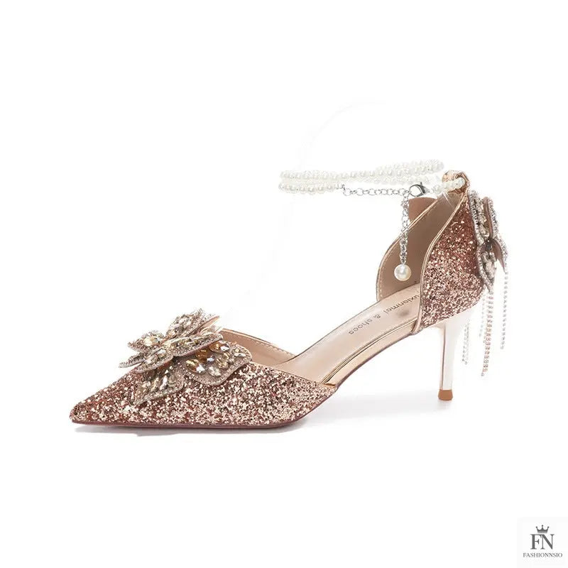 Sequin Rhinestone Tassel Bow Heels - Fashionnsio