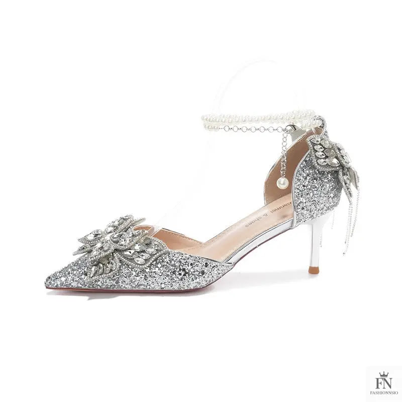 Sequin Rhinestone Tassel Bow Heels - Fashionnsio