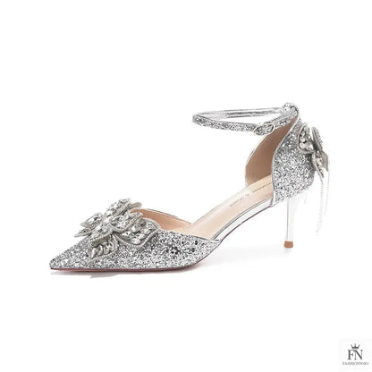 Sequin Rhinestone Tassel Bow Heels - Fashionnsio