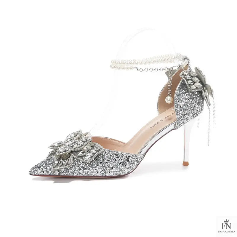 Sequin Rhinestone Tassel Bow Heels - Fashionnsio