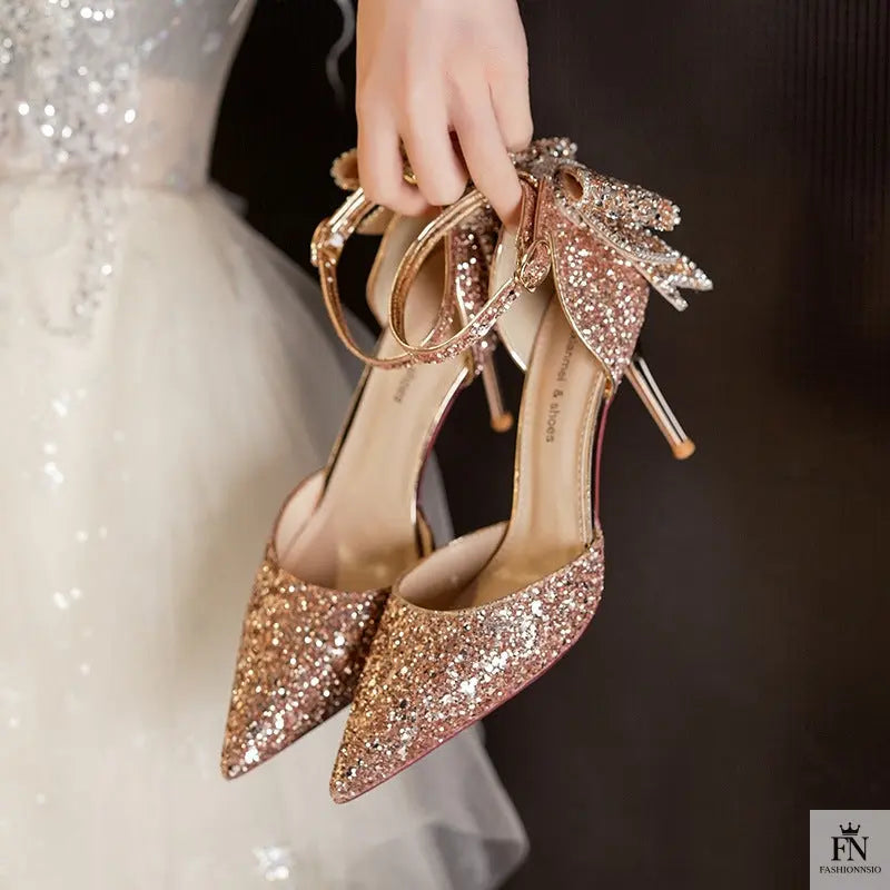 Sequined Diamond Bow Pointed Heels - Wedding Heels - Fashionnsio