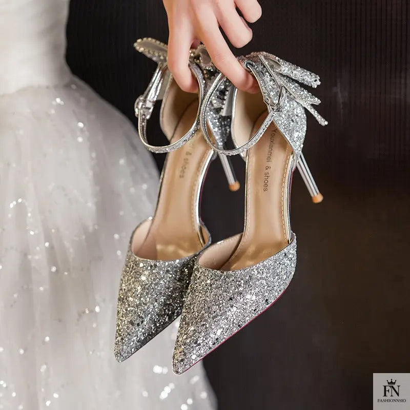 Sequined Diamond Bow Pointed Heels - Wedding Heels - Fashionnsio