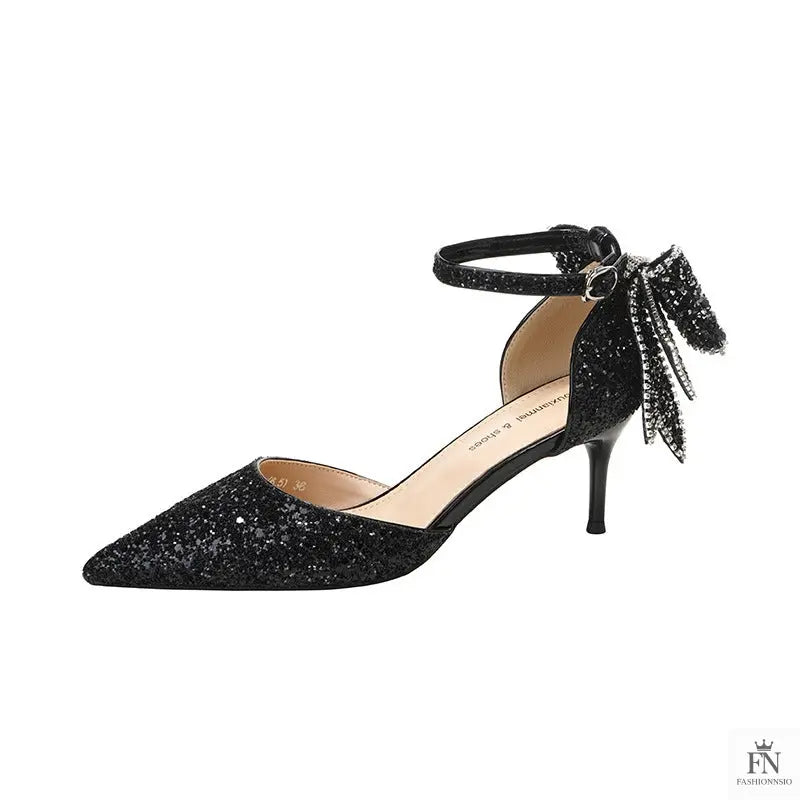 Sequined Diamond Bow Pointed Heels - Wedding Heels - Fashionnsio