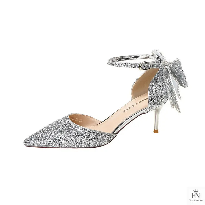 Sequined Diamond Bow Pointed Heels - Wedding Heels - Fashionnsio