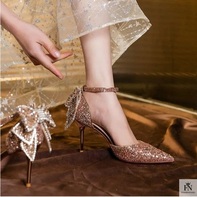 Sequined Diamond Bow Pointed Heels - Wedding Heels - Fashionnsio