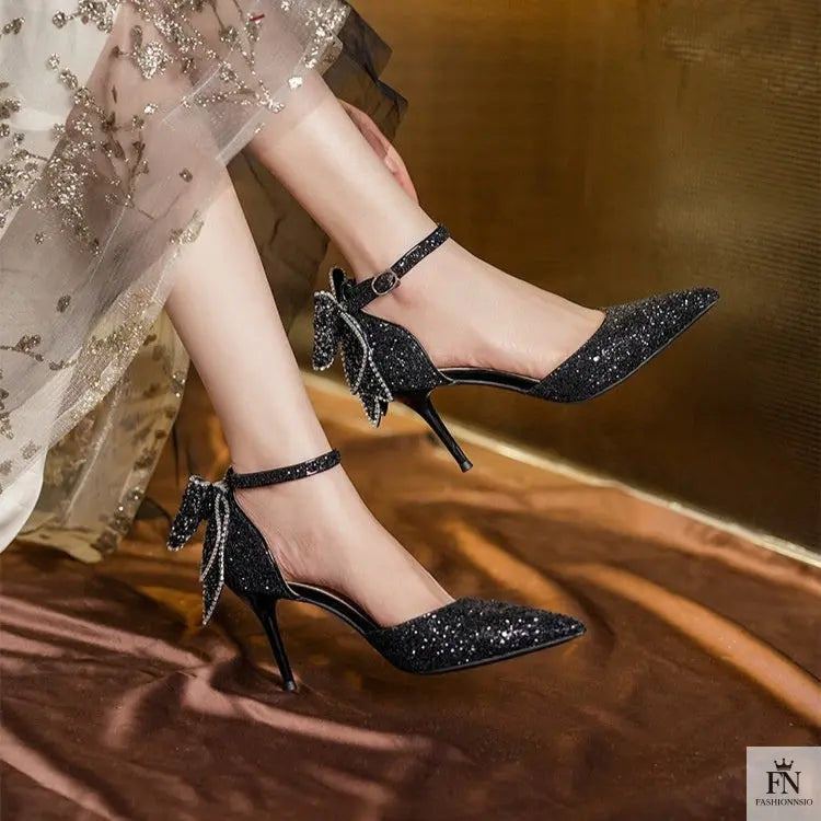 Sequined Diamond Bow Pointed Heels - Wedding Heels - Fashionnsio