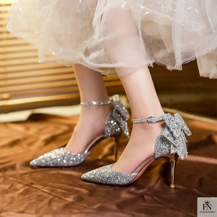 Sequined Diamond Bow Pointed Heels - Wedding Heels - Fashionnsio