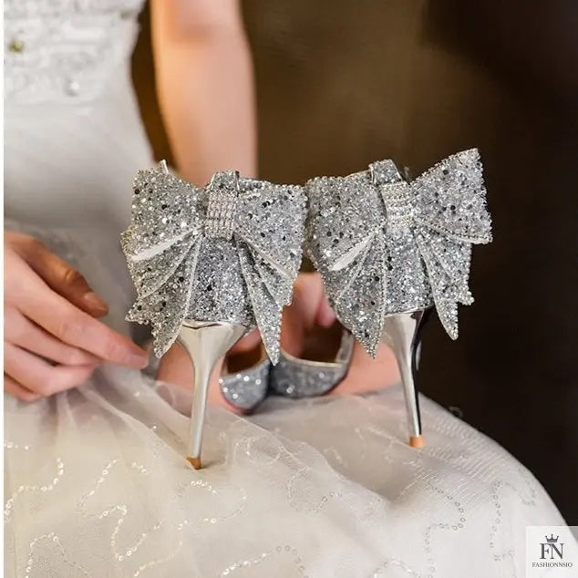 Sequined Diamond Bow Pointed Heels - Wedding Heels - Fashionnsio