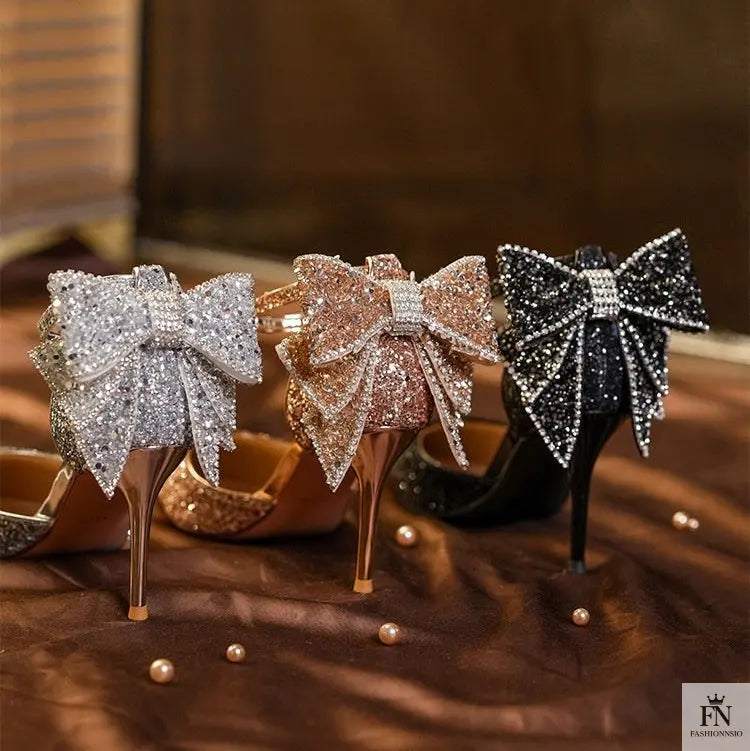 Sequined Diamond Bow Pointed Heels - Wedding Heels - Fashionnsio