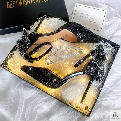 Sequined Diamond Bow Pointed Heels - Wedding Heels - Fashionnsio