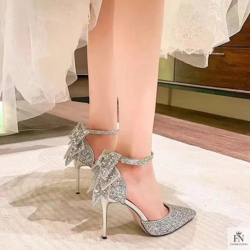Sequined Diamond Bow Pointed Heels - Wedding Heels - Fashionnsio