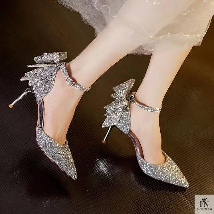 Sequined Diamond Bow Pointed Heels - Wedding Heels - Fashionnsio