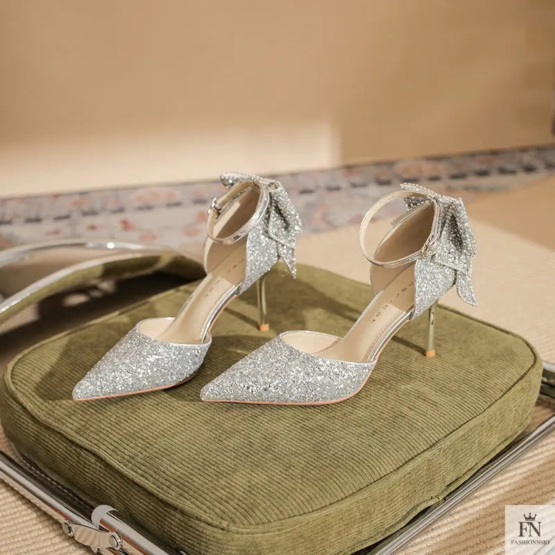 Sequined Diamond Bow Pointed Heels - Wedding Heels - Fashionnsio