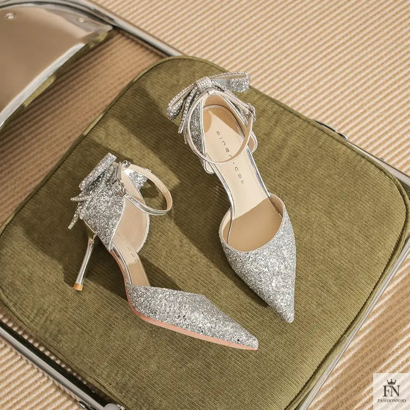 Sequined Diamond Bow Pointed Heels - Wedding Heels - Fashionnsio