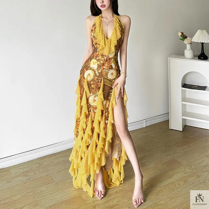 Floral Print Tassel Ruffles Dress - Fashionnsio