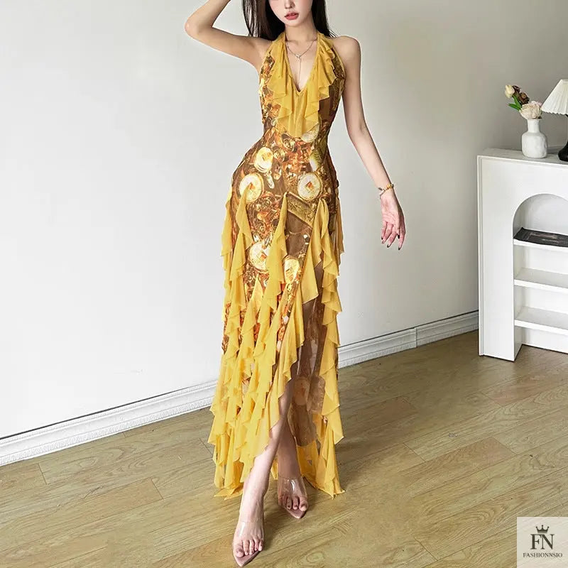 Floral Print Tassel Ruffles Dress - Fashionnsio