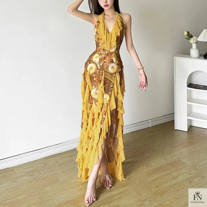 Floral Print Tassel Ruffles Dress - Fashionnsio