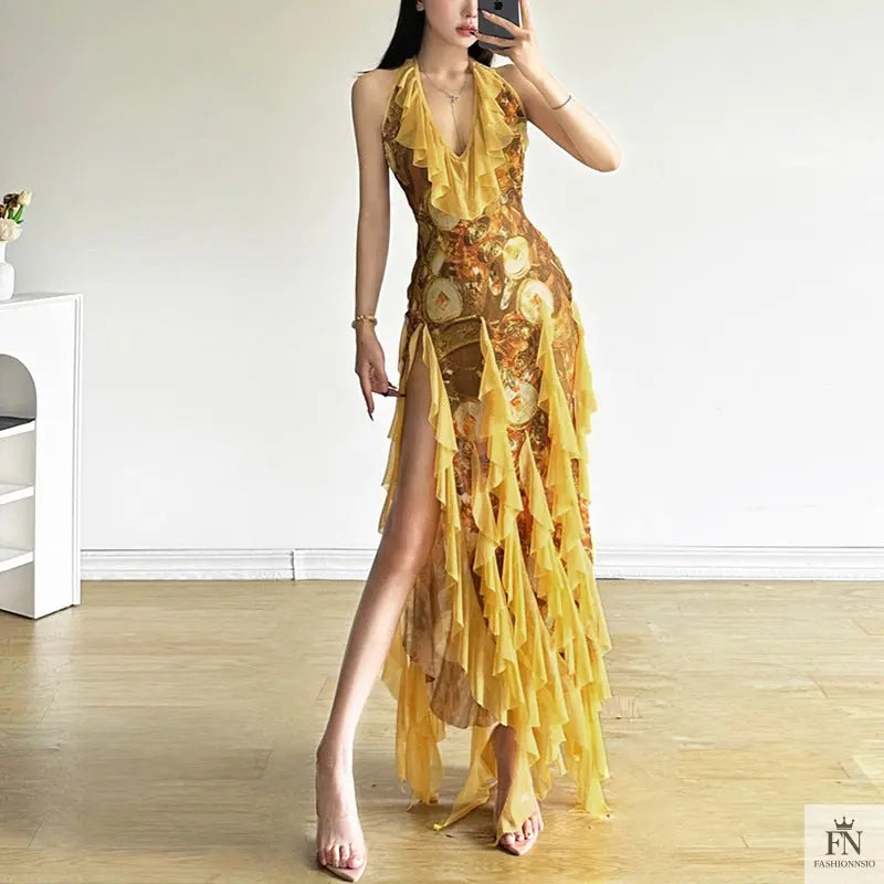 Floral Print Tassel Ruffles Dress - Fashionnsio