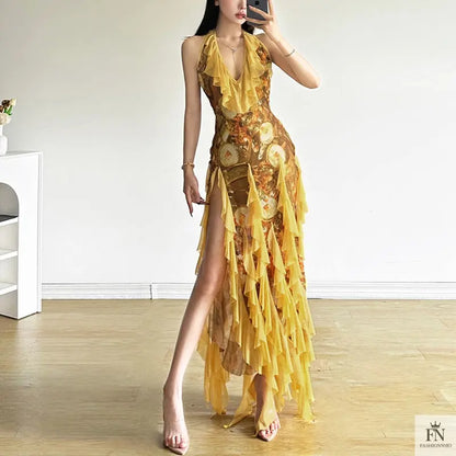 Floral Print Tassel Ruffles Dress - Fashionnsio