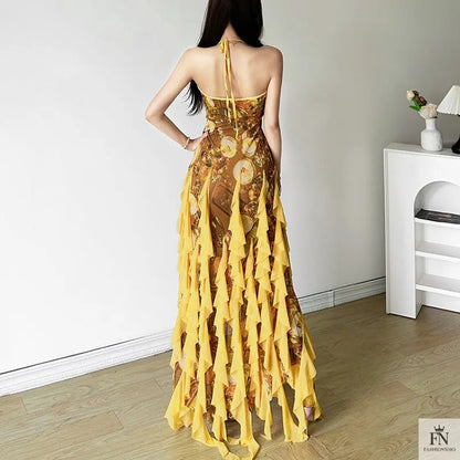 Floral Print Tassel Ruffles Dress - Fashionnsio