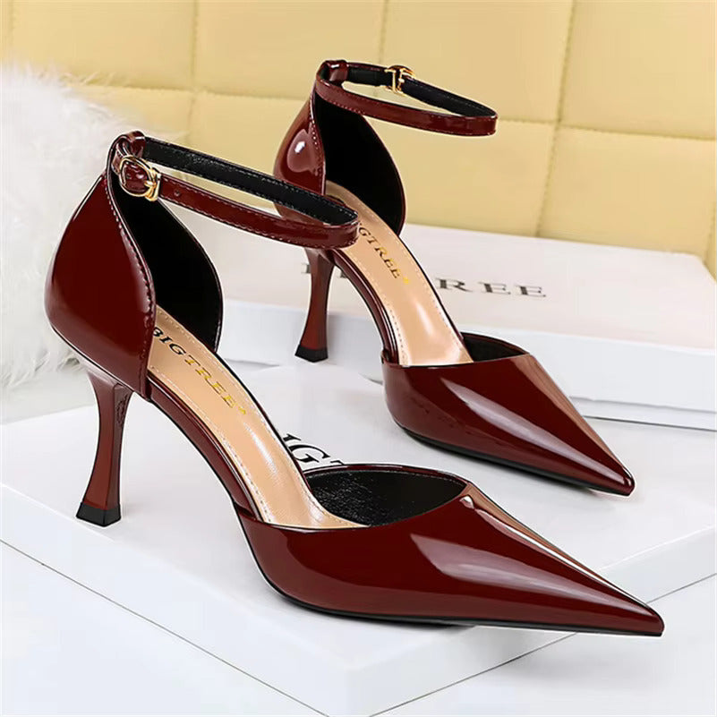 Glossy Ankle Strap Pointed Pencil Heel