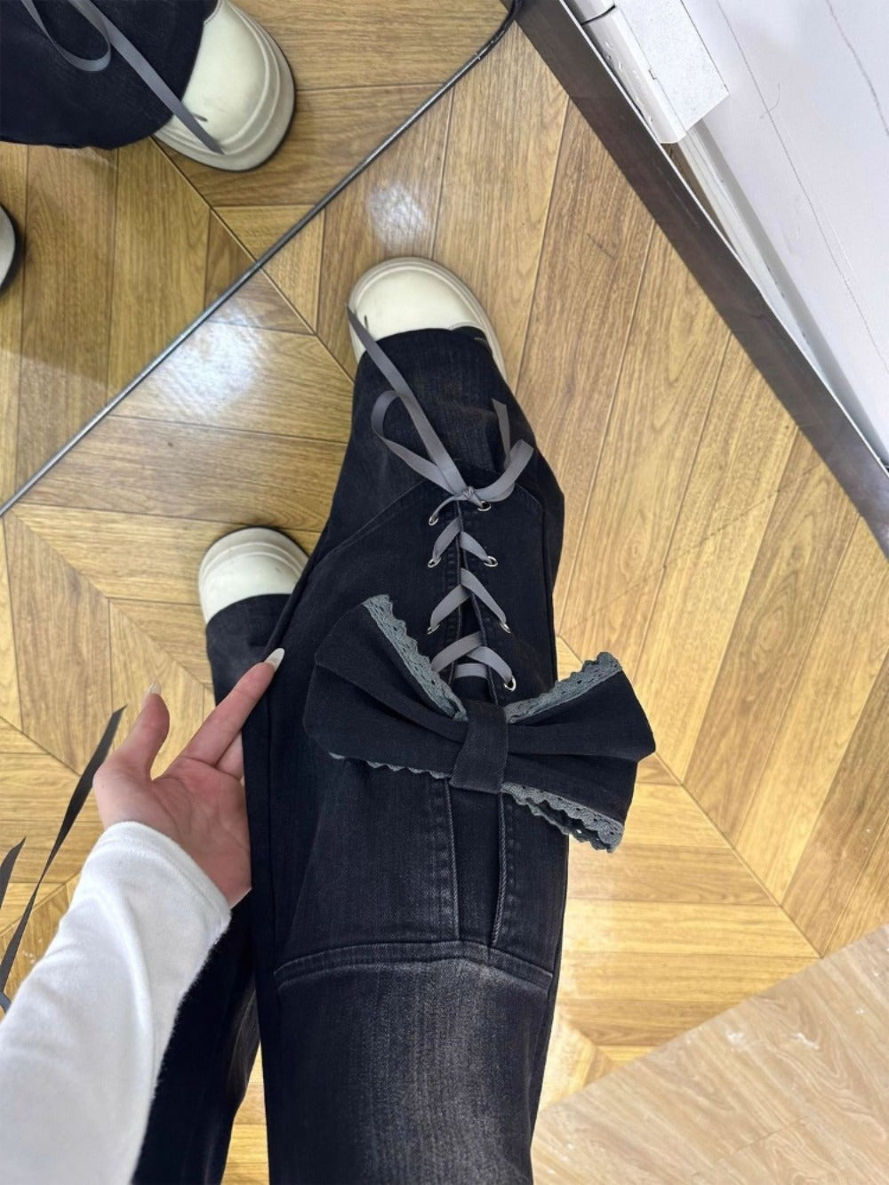 Coquette Lace-Up Bow Flare Jeans - Fashionnsio