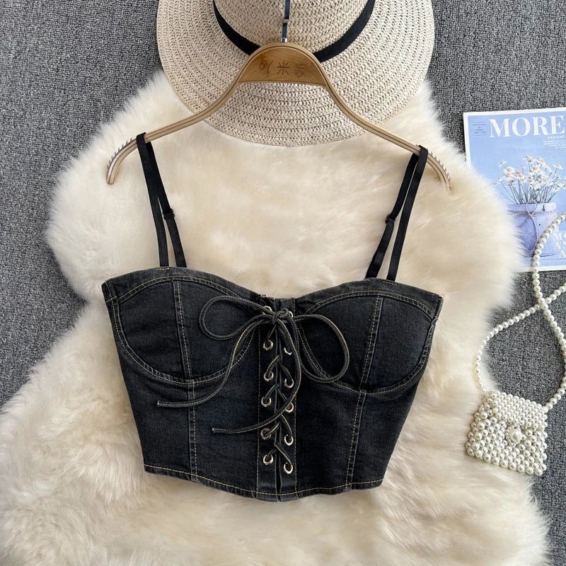 Denim Bow Drawstring Corset Top