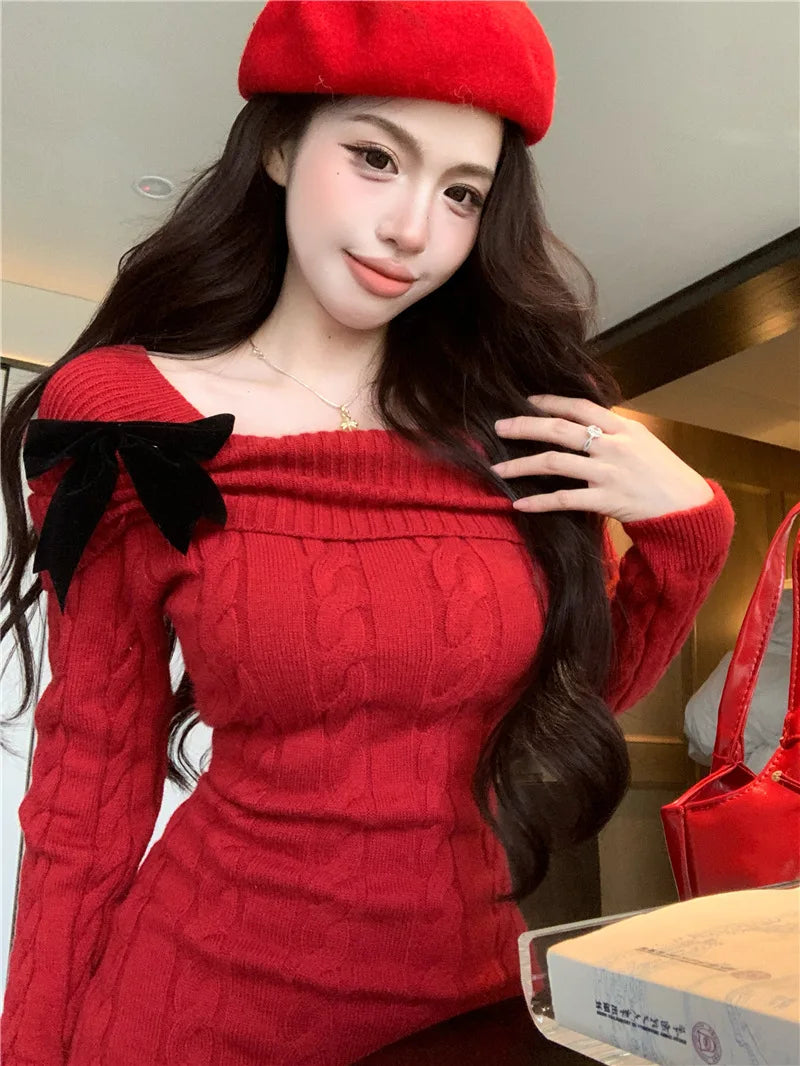 Sweater Knit Mini Bow Dress - Fashionnsio