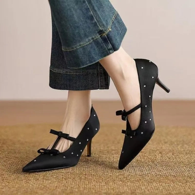 Diamond Studded Bow Pointed Heels - Fashionnsio