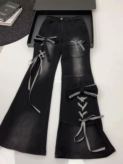 Coquette Lace-Up Bow Flare Jeans - Fashionnsio