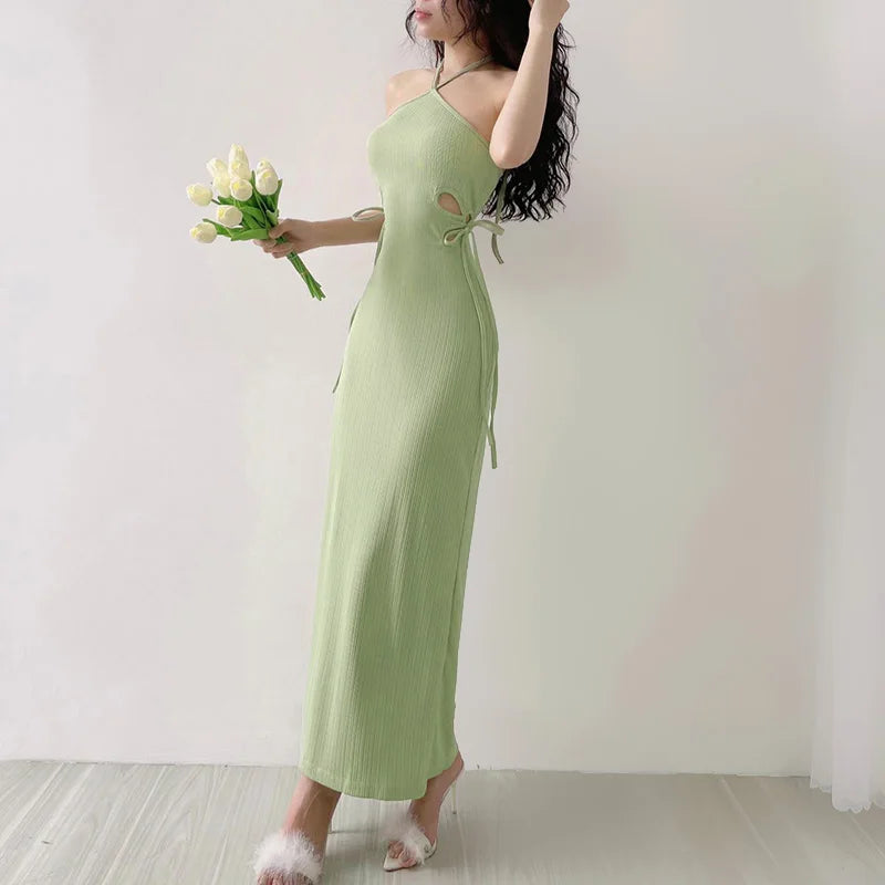 Halter Cut-out Ribbon Long Dress