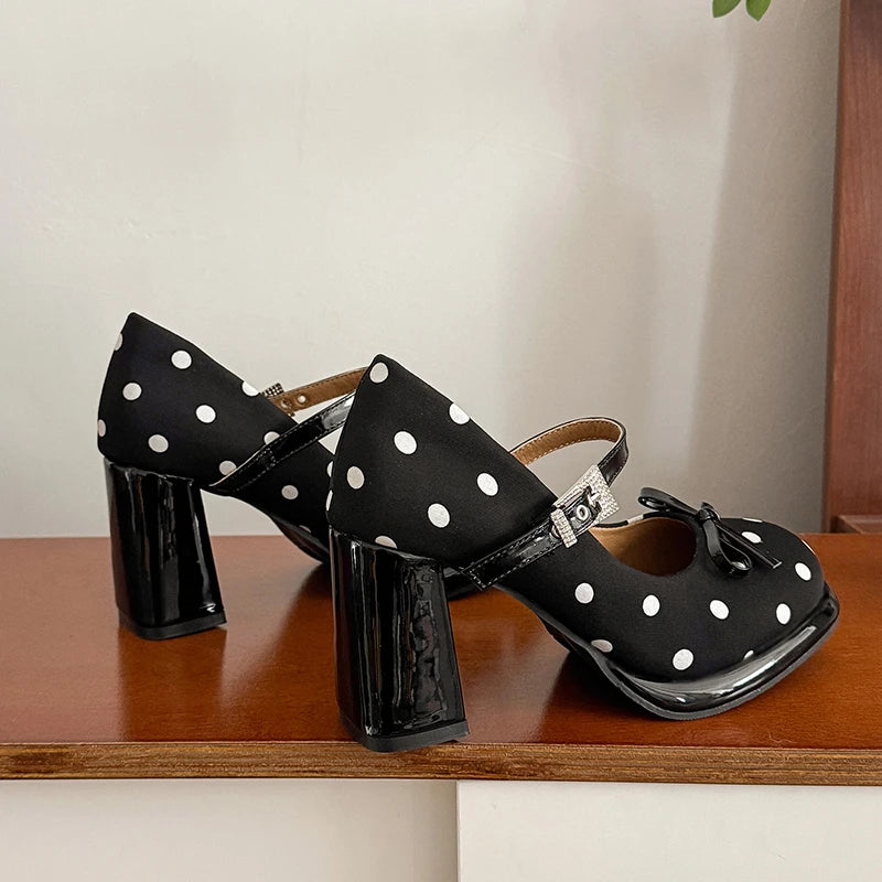 Polka Dot Bow Block Heels - Fashionnsio