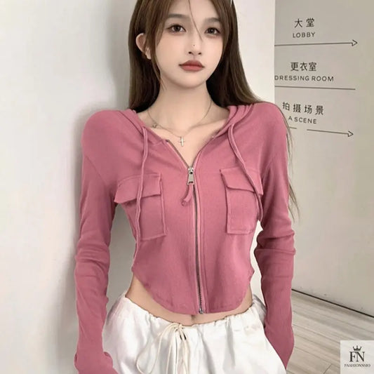 Zip Up Crop Hoodie Top - Fashionnsio