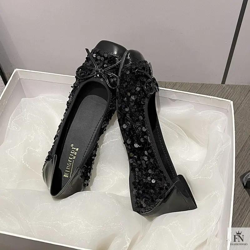Bow Glittery Sequin Flats - Fashionnsio