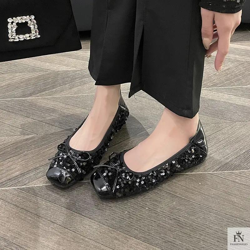 Bow Glittery Sequin Flats - Fashionnsio