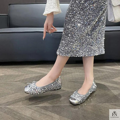 Bow Glittery Sequin Flats - Fashionnsio